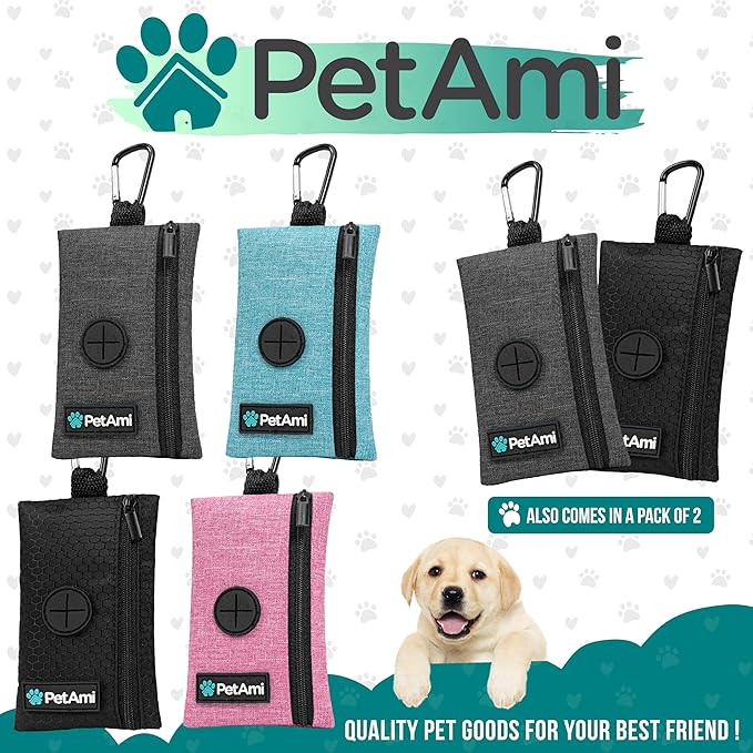 PetAmi Dog Poop Bag Holder for Leash, Dog Waste Bag Dispenser with Clip, Treat Pouch, Walking & Camping Accessories with Trash Bag Roll, Gray/Black 2 Pack