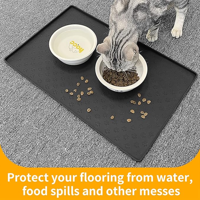 Ptlom Pet Placemat for Dog and Cat, Mat for Prevent Food and Water Overflow, Suitable for Small, Medium and Big Pet, 18" 12", Black, Silicone