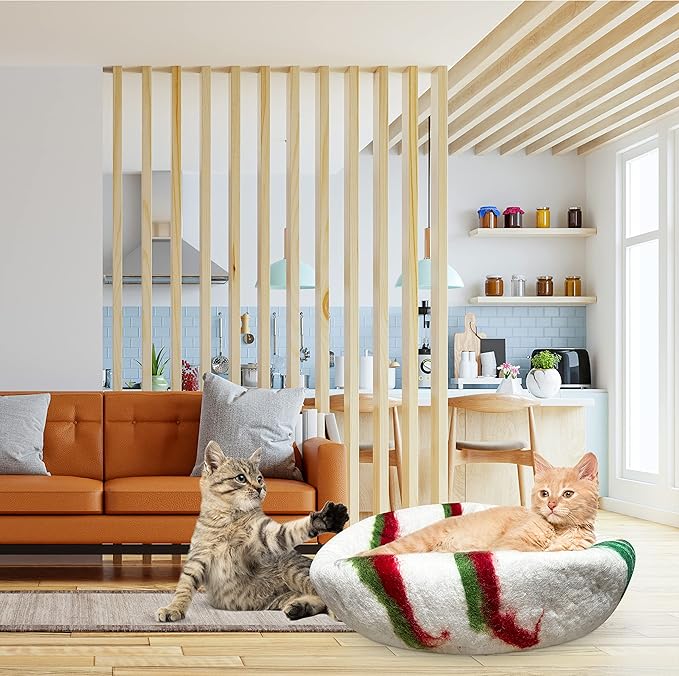 Woolygon Premium Felt Cat Cave Bed โ Wool Kitty Beds Handcrafted Kitten Caves Bed for Indoor Cats - Made from 100% Eco-Friendly Merino Wool, Foldable Cat Hidewawy Covered Cat House Pod (Candy Swirl)