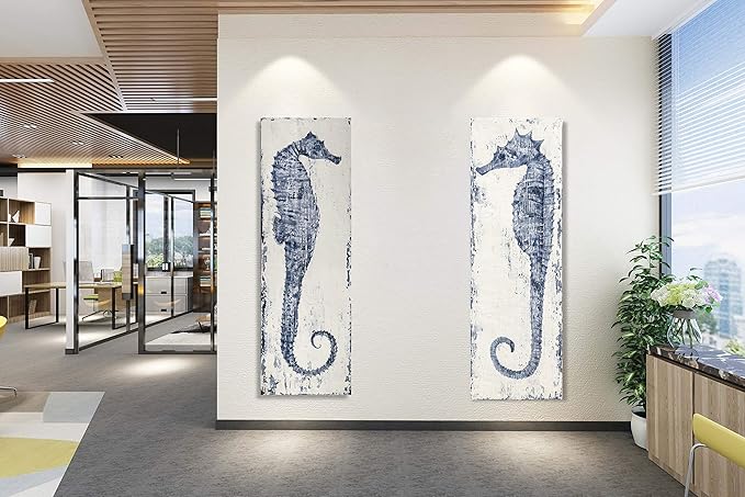 Yihui Arts Seahorse Wall Art Hand Painted Costal Paintings Blue Pictures Canvas Artwork for Living Room Bedroom Decoration