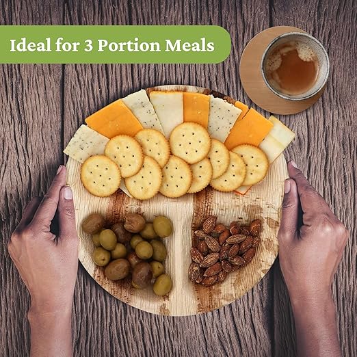 Dtocs 3 Compartment Plates (50 Pc) Palm Leaf 10 Inch Round Portion Control Buffet Sectional Plate | Bamboo Plates Disposable Like Compostable Camping Dinnerware Stronger than Divided Paper, Styrofoam