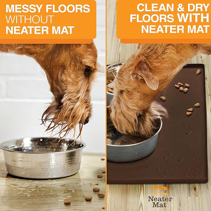 Neater Pet Brands Neater Mat Pet Mats for Food and Water, Cat & Dog Bowl Mat Waterproof Silicone, Feeding Tray, Dog Food Mats for Floors, Placemat w/Raised Edge for Under Bowls, 32" x 24", Brown
