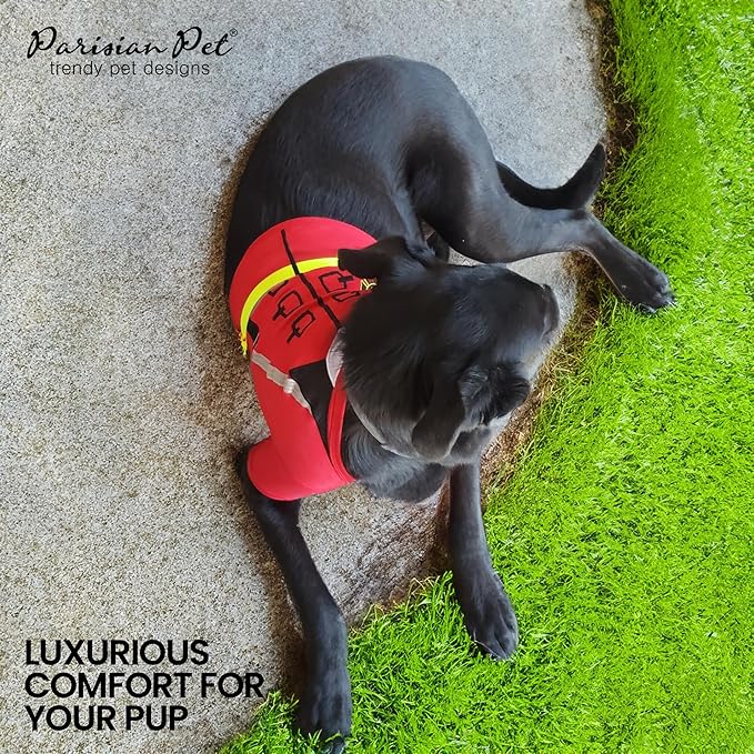 Parisian Pet Embroidered Dog Firefighter Costume - 100% Cotton and Polyester - Sleeved Pet Shirt - Red - 2XL