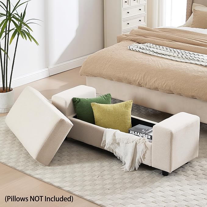 Beige Storage Bench for Entryway, 55" Bedroom Ottoman with Storage Large Linen Fabric Upholstered End of Bench with Lip for Living Room/Bedroom/Lounge/Shop, Beige