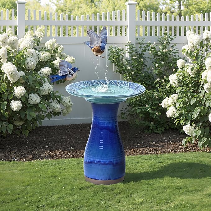 LuxenHome 20 Inch Ceramic Bird Bath for Outside, Elegant Tall Outdoor Bird Bath, Lightweight Pedestal Glazed Birdbaths for Outdoors with Leaf Pattern, Deep Cobalt Blue