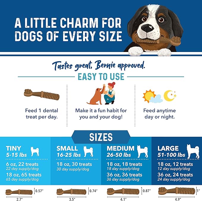 Bernie's Charming Chompers - Daily Dental Chews for Dogs 15-25 Lbs. - 30 Count - Cleans Teeth, Freshens Breath, + Boosts Oral-Gut Microbiome. Easy to Digest, Supports Healthy Digestion Naturally