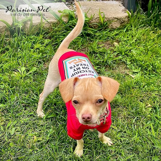 Parisian Pet Dog Shirt - Embroidered “I Put Ketchup on My Treats“ - 100% Cotton and Polyester Dog Clothes - Sleeved, Lightweight Costume for Dogs - Red Dog Shirts for Large Dogs - Pet Costumes - 3XL