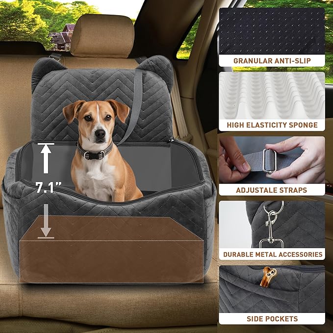 Dog Car Seat Booster with Waterproof Cover, Memory Foam, Small/Medium Dog Bed for Car Back Seat for Travel, Grey, 2 Safety Belt