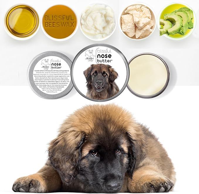 The Blissful Dog Leonberger Nose Butter for Dry, Cracked Skin, Lick-Safe Dog Nose Balm with Moisturizing Shea Butter, Almond, Olive, and Essential Oils, Pet Supplies, Uncented, 8 oz.