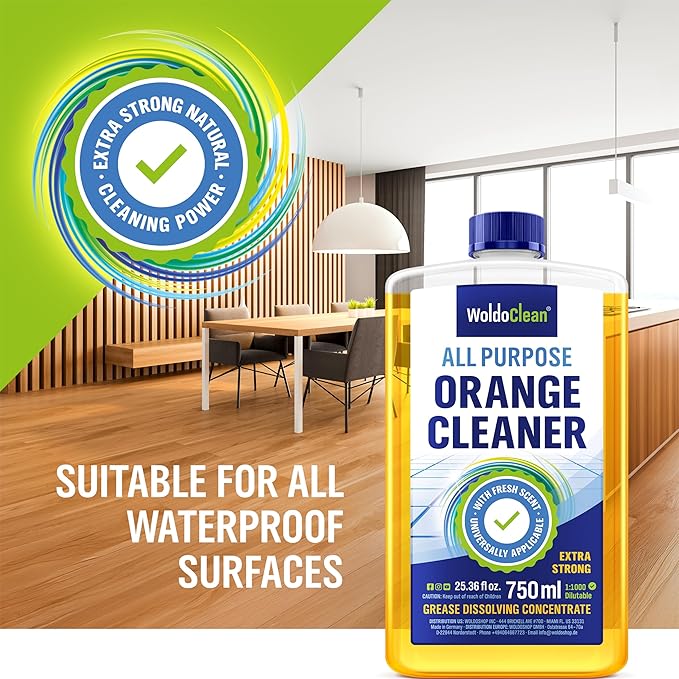 Orange Oil Cleaner Concentrated 25.36 fl oz (1 : 1000) - makes up to 200 Gallons Multi-Use Adhesive & Grease Remover, Custom-Dilution Citrus Degreaser for Floors, Kitchen & Bath