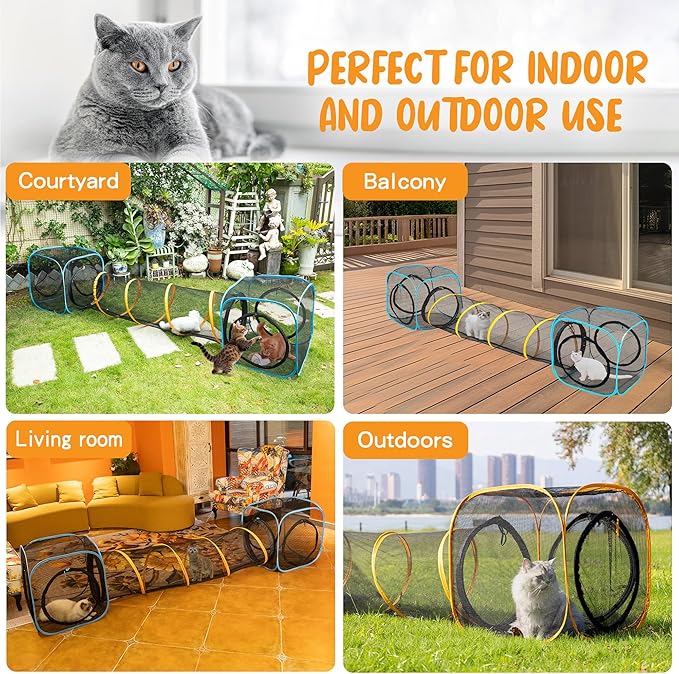 Pet Play Tunnel + Cube(with Three Ways) for Indoor and Outdoor, Kitty Play House, Cat Enclosures, Collapsible Cat Tent, Cage, Kitten Toys Easy to Connect with Kitty Tent(2 Cubes + Run Tunnel)