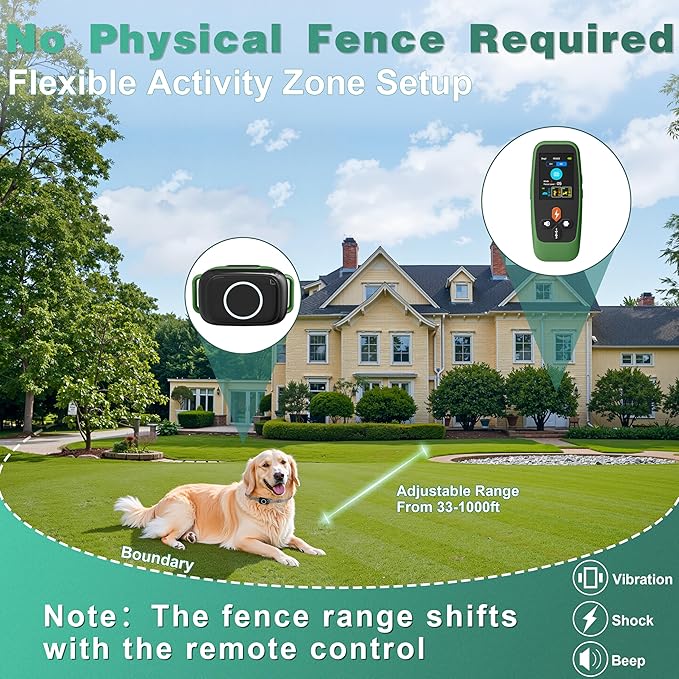 4-in-1 Wireless Dog Fence System Electric Dog Fence with Training Collar & Anti-Bark Collar | Real-Time Pet Status Display | Portable Waterproof Outdoor Pet Containment System