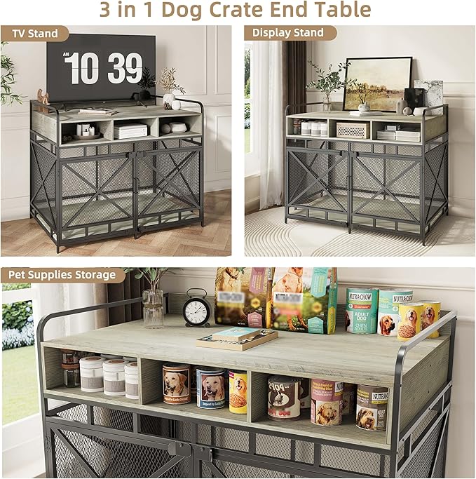 Dog Crate Furniture, 43" Heavy Duty Wooden Dog Crate End Table, XL Dog Kennel Furniture Large Breed, Decorative Dog Kennel Indoor with 3 Drawers & Steel Tubes 43" L x28 W x36 H (Grey)
