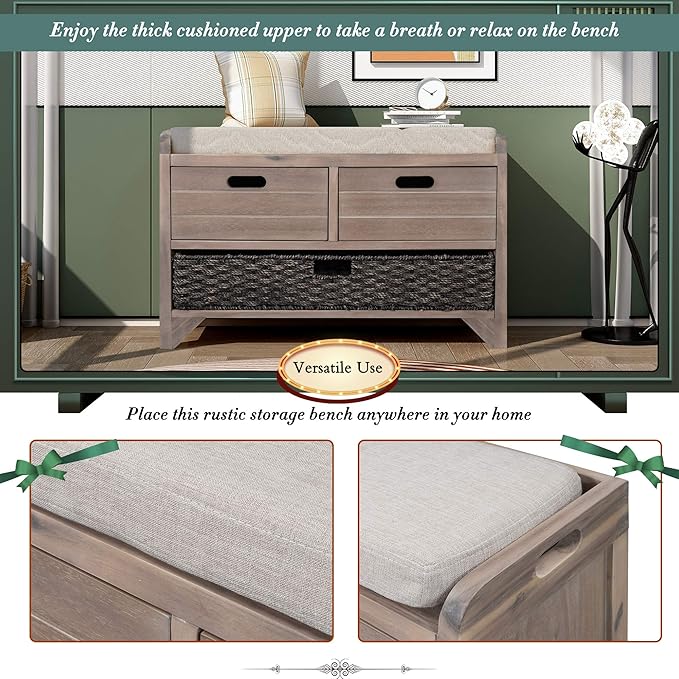 Storage Bench Removable Basket 2 Drawers Fully Assembled Acacia Wood Shoe Bench Standing Shoe Rack Removable Cushion for Living Room, Entrance Hallway, No Assembly Required White Washed