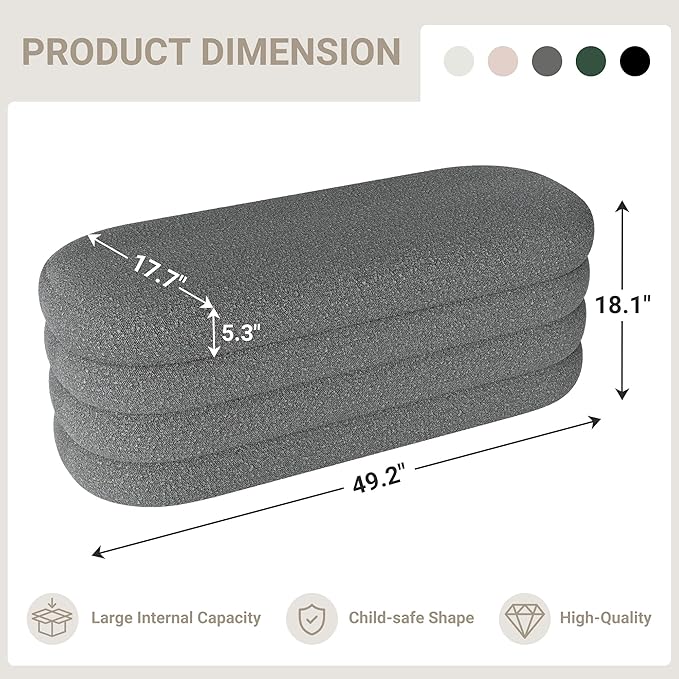 Storage Ottoman Bench 49.2 Inch Upholstered Fabric Storage Bench for Bedroom End of Bed Aesthetic Large Oval Ottoman for Living Room(Grey)