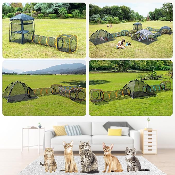 Cat Play Tunnel + Cube(with Three Ways) for Indoor and Outdoor, Kitty Play House, Cat Enclosures, Collapsible Kitty Tent, Kitten Toys Easy to Connect with Kitty Tent(2 Tunnels + Cube )