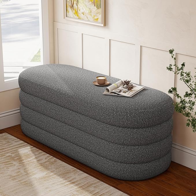 Storage Ottoman Bench 49.2 Inch Upholstered Fabric Storage Bench for Bedroom End of Bed Aesthetic Large Oval Ottoman for Living Room(Grey)