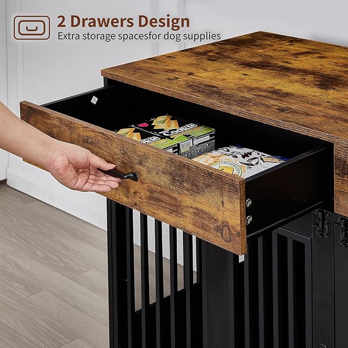 VECELO Dog Crate Furniture for Medium/Large Dogs, Wooden Dog Cage with Drawers, Double Door, Dog Kennel End Table, Brown