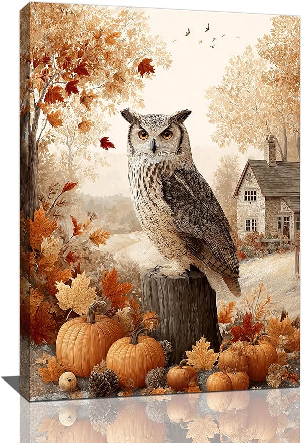 Fall Owl Wall Art Autumn Pumpkin Leaves Wall Decor Rustic Canvas Print Farmhouse Pictures Painting Print Framed Artwork Decorations Gifts for Living Room Bathroom Bedroom Office 16"x24"
