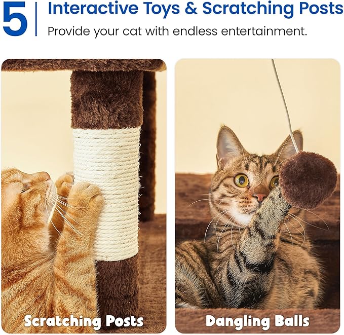 MWPO Extra Large Cat Tree, 77.6-Inch Tall Cat Tower for Indoor Cats with 2 Condos, Multi-Level Cat Stand for Large Cats, 3 Hammocks, Wide Perch, Scratching Posts, Dangling Toys, Brown