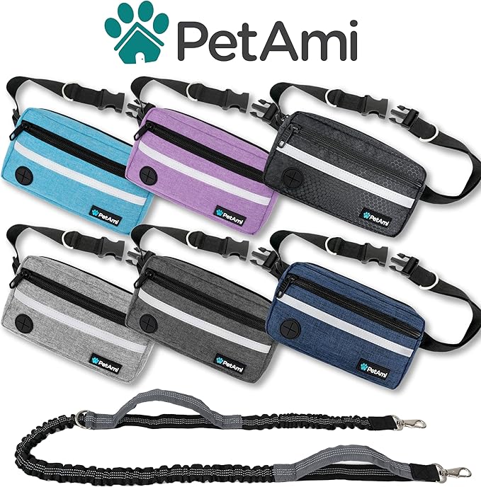 PetAmi Hands Free Dog Leash, Dog Running Leash Belt for Walking Jogging, Dog Waist Zipper Pouch Fanny Pack with Poop Bag Dispenser, Dual Padded Handle Bungee Leash for Small Medium Large Dogs, Double