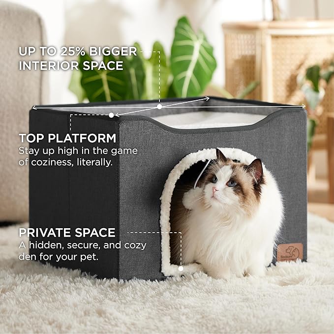 Bedsure Cat Beds for Indoor Cats - Large Cat Cave for Pet Cat House with Fluffy Ball Hanging and Scratch Pad, Foldable Cat Hideaway, 16.5x16.5x13 inches, Dark Grey