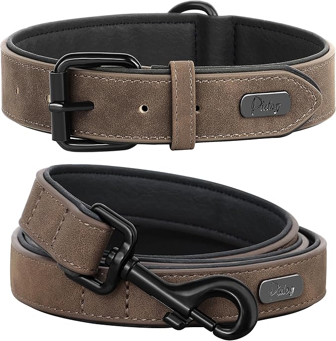 Didog Soft Padded Leather Dog Collar and Leash Set, Adjustable Dog Leash and Collar Set with Metal Buckle, Breathable Dog Collars with 4FT Leather Dog Leash for Small Medium Large Dogs, Brown, M