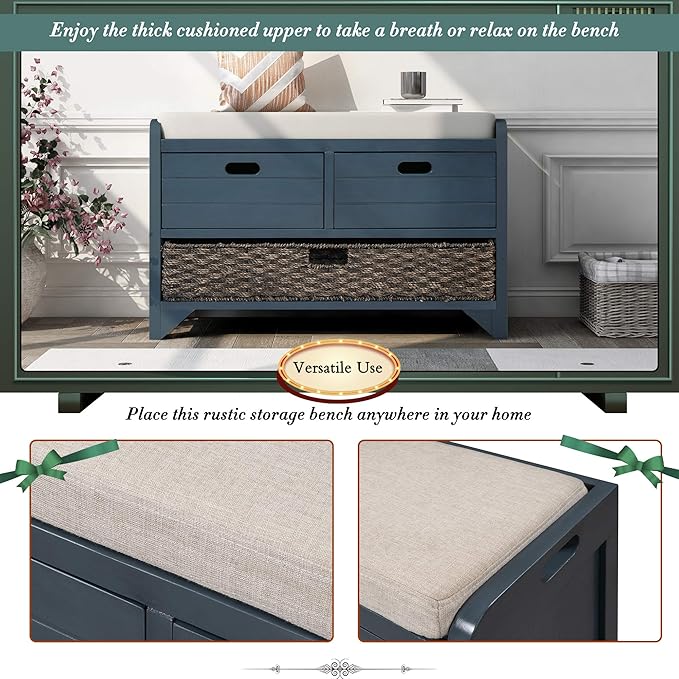 Storage Bench Removable Basket 2 Drawers Fully Assembled Acacia Wood Shoe Bench Standing Shoe Rack Removable Cushion for Living Room, Entrance Hallway, No Assembly Required Navy