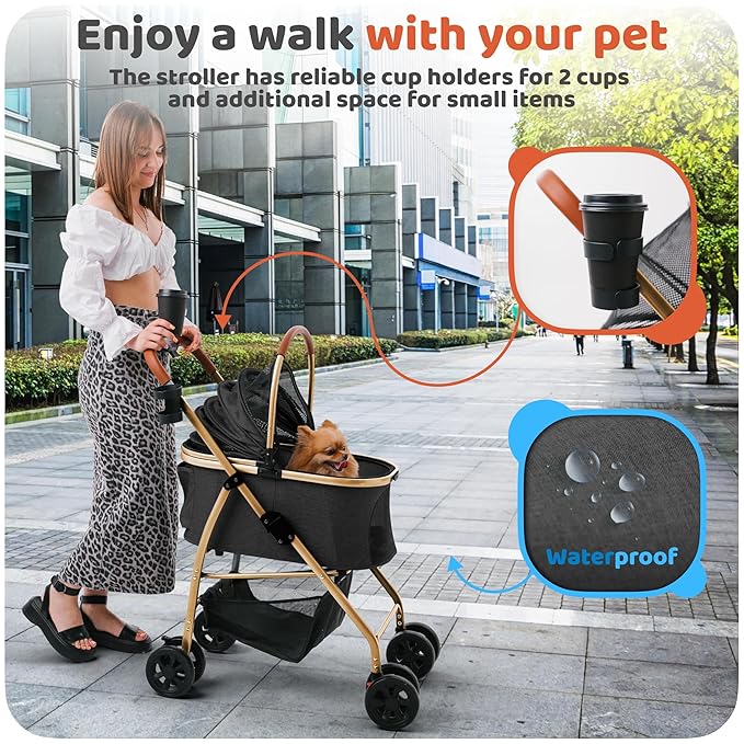 Pet Stroller for Small Medium Dogs & Cats β 2-in-1 Detachable Carrier, Zipperless Entry, Lightweight Folding Travel Stroller with Storage Basket, Cup Holder, Black