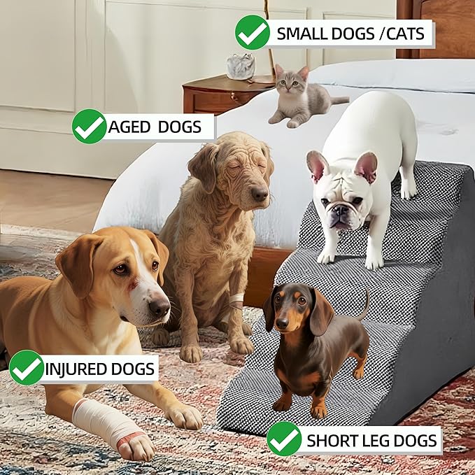 5 Step Pet Stairs Ramp for High Beds Sofas 5-30 Inch with Sturdy Non Slip Waterproof Pads, Machine Washable Cover Indoor Balanced Design for Cats Dogs Small Medium Large XL Pets Grey (Pink, Large, 1)