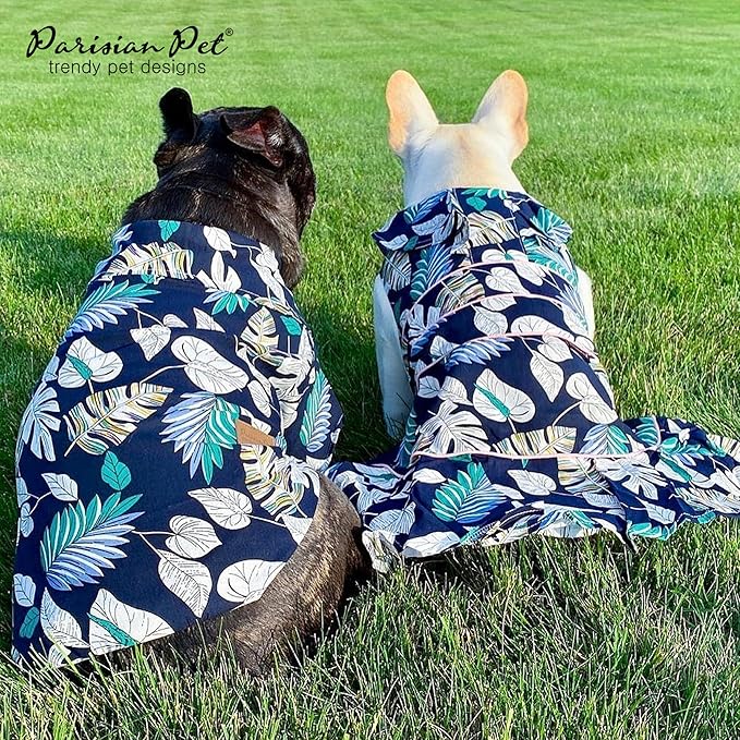 Parisian Pet Palm Leaves Dog Shirt - 100%Cotton Summer Clothes - Stylish Beach Outfit - Hook and Loop Closure - Machine Washable - Small Dogs