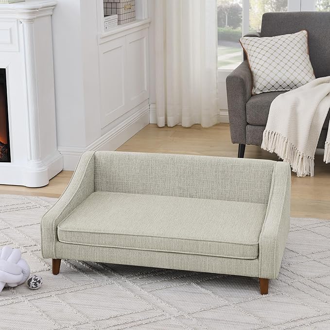 Dog Sofa Couch for Medium to Large Dogs, Durable Pet Sofa with Washable Fabric, Elevated Mini Dog Bed with Wooden Legs for Medium and Large Dogs, Beige