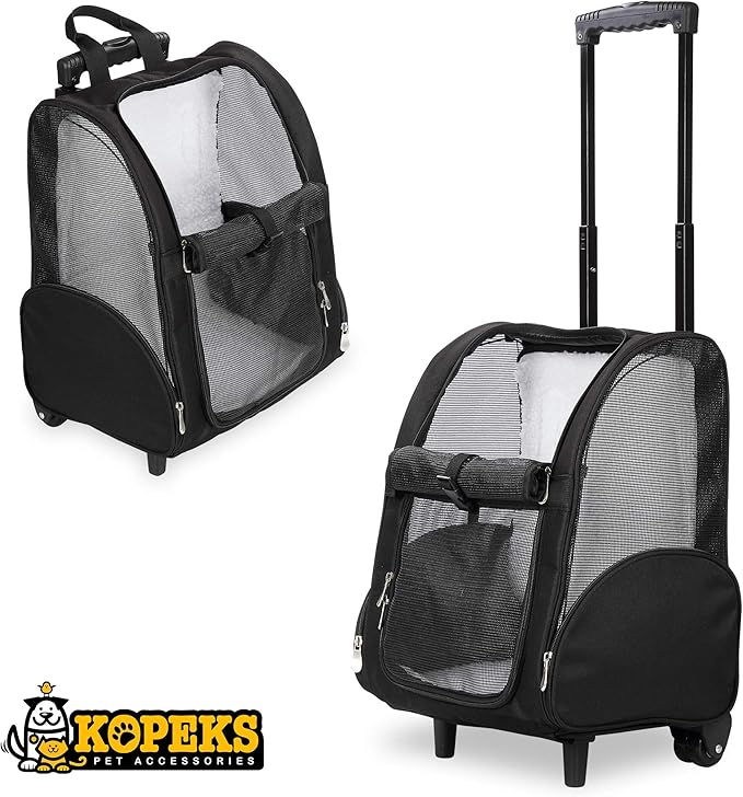 KOPEKS Deluxe Backpack Pet Travel Carrier with Double Wheels for Pets up to 10 Pounds - Black - Approved by Most Airlines