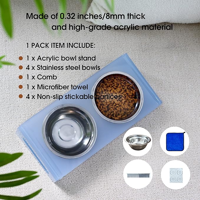 Tilted Raised Elevated Food and Water Bowls Stand for Cat or Small Dogs - Puppy's Clear Acrylic Stainless Steel Dishes Holder for Boy or Girl Pet,Modern,Durable and Easy to Clean by WBhonghui (Blue)