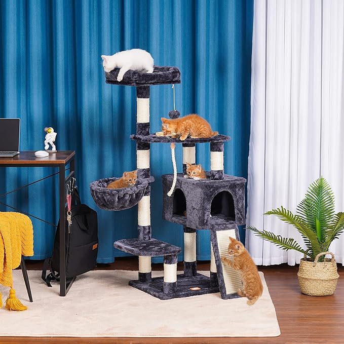 Heybly Cat Tree, Cat Tower for Indoor Cats with Scratching Board, Multi-Level Cat Furniture Condo with Feeding Bowl, Smoky Gray HCT010G