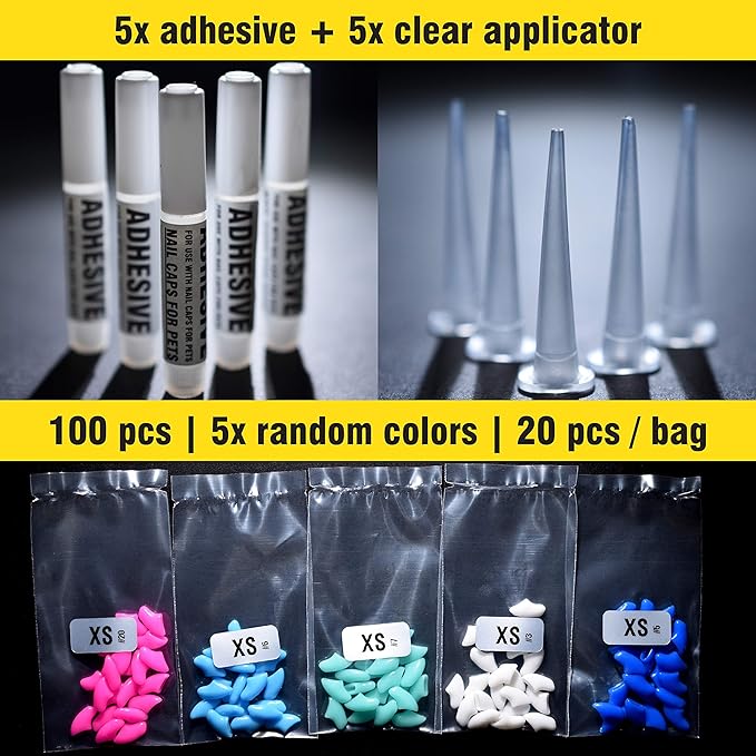 zetpo Cat Nail Caps | Cat Claw Covers | with Adhesives and Applicators (XS, 5X Solid Random Colors | 100 pcs)