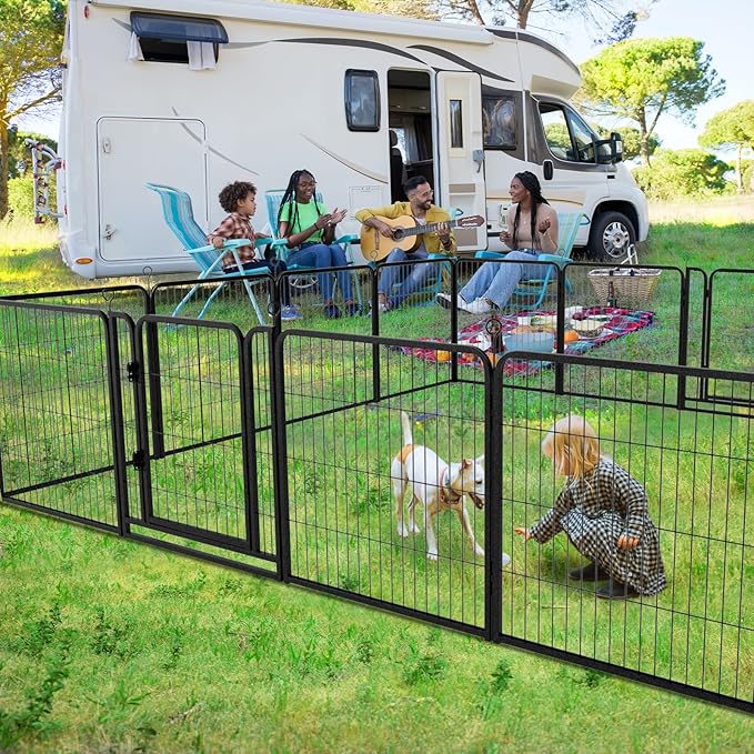 Dog Playpen Outdoor Extra Wide 12 Panels Heavy Duty Dog Fence 32" Height Anti-Rust with Doors Portable for RV Camping Yard, Total 32FT, 79 Sq.ft, Snowy Black