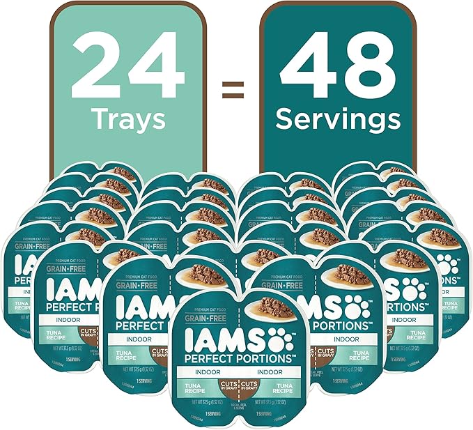 IAMS Perfect Portions Indoor Adult Wet Cat Food Cuts in Gravy, Tuna Recipe, 2.6 oz. Easy Peel Twin-Pack Trays (24 Count, 48 Servings)