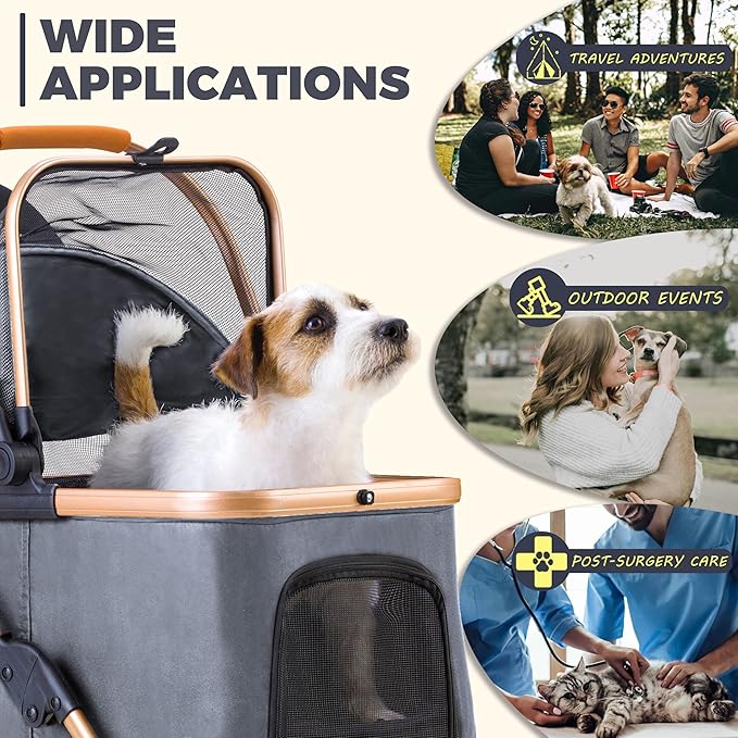 Pet Stroller for Small Medium Dogs, Lightweight Small Dog Stroller for Dogs Cats with 6 Shock Absorption System, Detachable Carrier Suitable for Car Seat & Hand Carry, Safe Outings, Gray