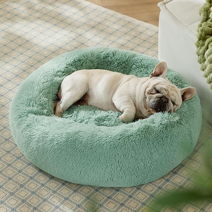 Bedsure Calming Dog Bed for Medium Dogs - Donut Washable Medium Pet Bed, 30 inches Anti-Slip Round Fluffy Plush Faux Fur Cat Bed, Fits up to 45 lbs Pets, Apple Green