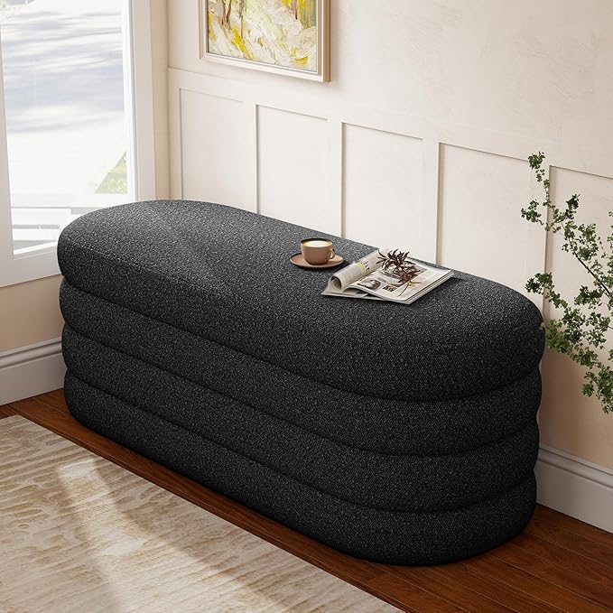 Storage Ottoman Bench 49.2 Inch Upholstered Fabric Storage Bench for Bedroom End of Bed Aesthetic Large Oval Ottoman for Living Room Entryway (Black)