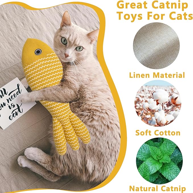 Interesting Catnip Toys Fish, 1 Pack Large Cat Toys, Soft Indoor Cat Kicker Toys, Durable and Highly Interactive Catnip Toys(Yellow Fish)