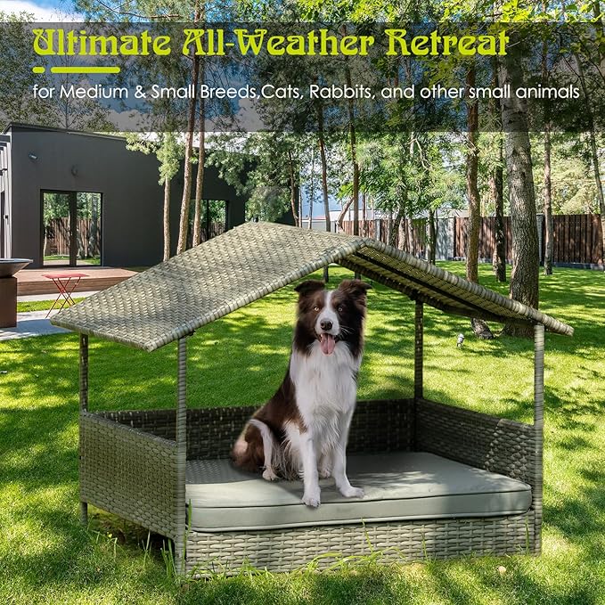 Wicker Dog House Outdoor Indoor with Canopy, Elevated Dog Shelter & Dog Bed with Light Gray Cushion, Water-Resistant Raised Pet House for Small Medium Dogs, Rattan Dog Cot for Deck, Patio, Yard, Pool