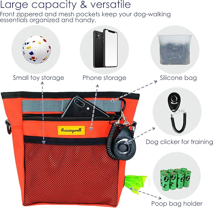 Dog Treat Pouch with Magnetic Closure 4-Cup Silicone Bag Fanny Pack Holder with Clicker 4 Ways to Wear Front Pocket Fits All Phones Ideal for Leash, Pet Walking and Training(Orange)