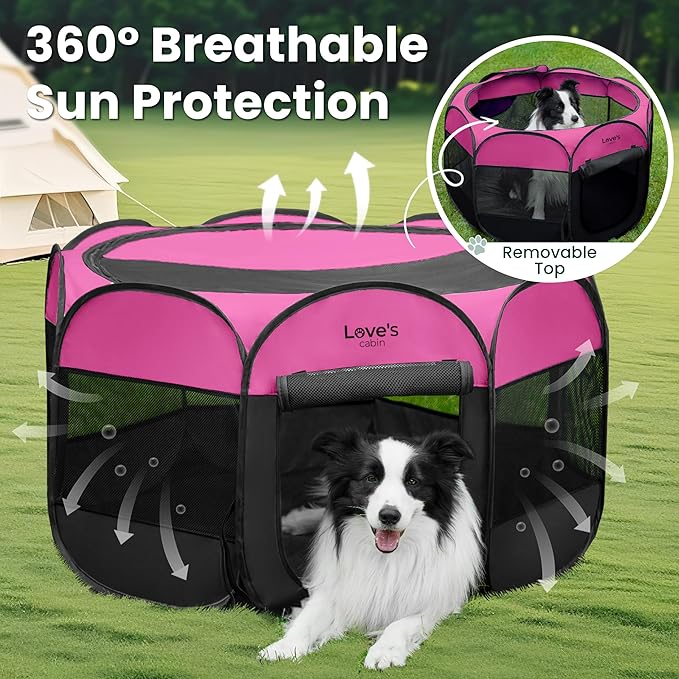 Love's cabin Pet Puppy Dog Playpen, Large Dog Tent Crates Cage Indoor/Outdoor, Portable Playpen for Cat, Foldable Pop Up Dog Kennel Playpen with Carring Case, Removable Zipper Top, Pink