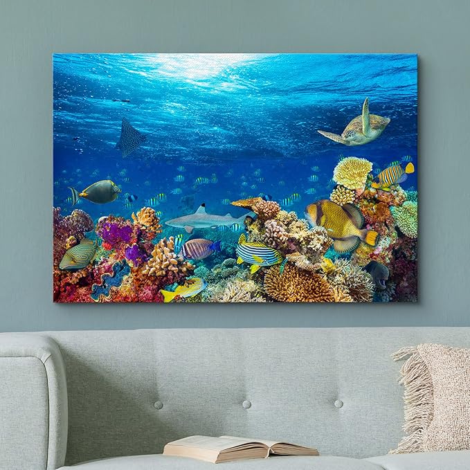 wall26 Canvas Print Wall Art Vibrant Sunshine Ray Coral Reef Turtle Fish Nature Animals Photography Realism Rustic Scenic Landscape Wilderness Colorful for Living Room, Bedroom, Office - 12"x18"