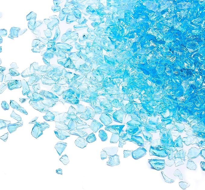 TWINKLING High Luster Fire Glass Gravel Stone Glitter,Broken Glass,Fire Gems Chips,Crushed Glass for Fire Pit Crafts Resin Art Aquarium Garden Decoration,3-6mm,1-Pound Jar (Ocean Blue)