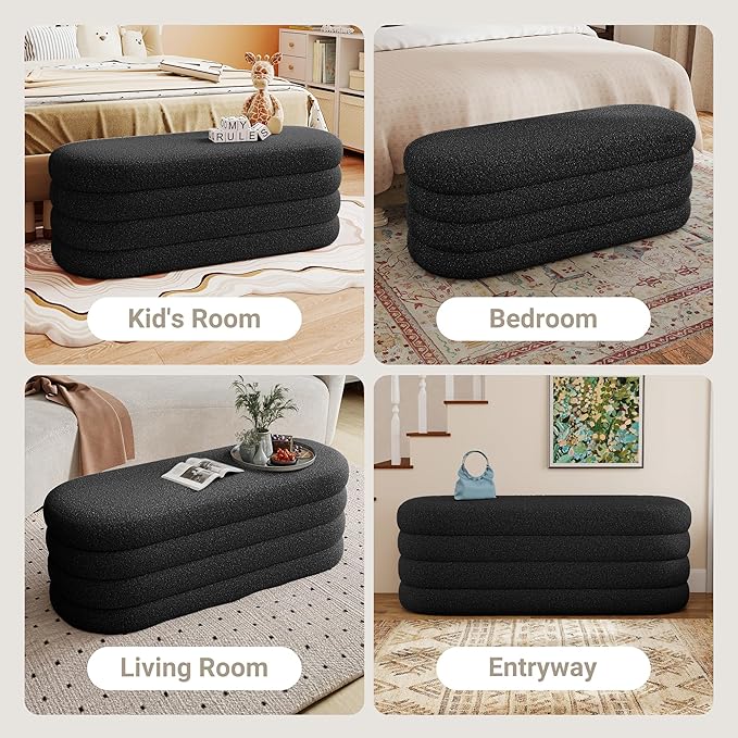 Storage Ottoman Bench 49.2 Inch Upholstered Fabric Storage Bench for Bedroom End of Bed Aesthetic Large Oval Ottoman for Living Room Entryway (Black)