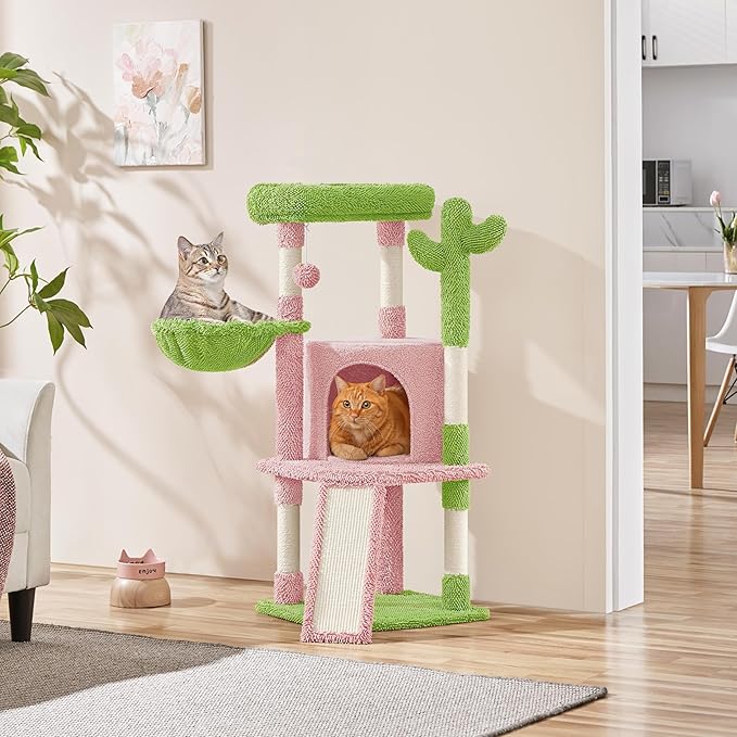Yaheetech Cactus Cat Tree, 42in Cat Tower for Indoor Cats, Multi Level Kitten Condo Scratching Post, Pet Activity Center Furniture w/Ball, Plush Perch, Platform, Basket, Pink/Green