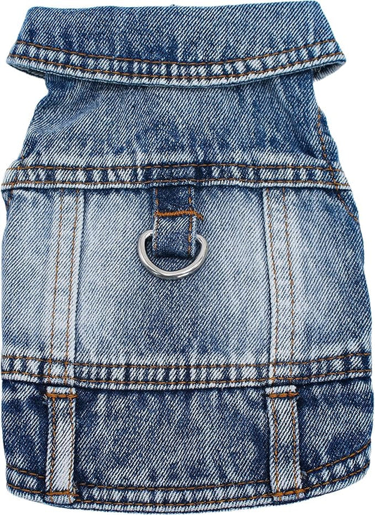 Puppy Clothes for Small Dogs Boy,Classic Western Denim Dog Coat,Dog Jeans Jacket with Leash D-Ring,Pet Cat Costumes,Cooling Harness Vest for Walking (Blue, XX-Large)